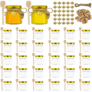 XiYee 30 Stück 45ml Mini Sechseckige Glas Honig Gläser für kleine Honig Gläser mit goldenen Deckeln, Holzlöffel, Kraftpapier Etiketten, Bienenanhängern, Perfekt für Babyparty, Hochzeitsgeschenk
