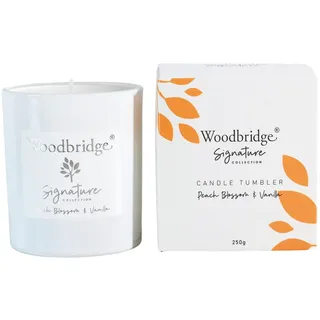 Woodbridge Duftkerze im Glas mit Deckel | Peach Blossom & Vanilla | Duftkerze Fruchtig | kleine Duftkerze | Brenndauer bis 50h | Weiße Kerzen (250g) | Signature Kollektion