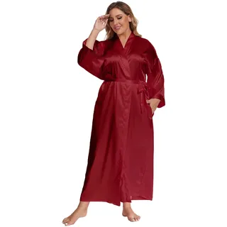 feslieacc Damen Plus Size Lange Satin Bademäntel Übergröße Lange Seide Bademäntel Kimonos Nachtwäsche Morgenmantel, Wein, 4XL/5XL - 4XL-5XL Große Größen