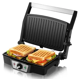 SUPERLEX Kontaktgrill Elektrogrill Tischgrill 1500W Sandwichmaker 180° Aufklappbar Kompakt 27.5x17.8cm Paninitoaster Antihaft Grillplatte Mit Temperaturregelung Für Panini Toast Fleisch Gemüse Fisch