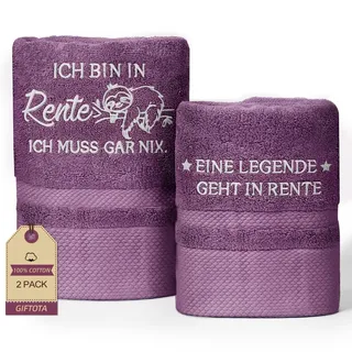Giftota Renteneintritt Geschenk Frau 2-teiliges Bestickt Handtuch Set | 100% Baumwolle Handtücher Lila, Rentner Geschenk Frau - Badehandtuch 50 x 100 cm + Handtuch 35 x 75 cm