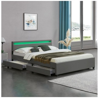 Juskys Polsterbett Lyon, 180x200 cm, ausziehbare Bettkästen, LED-Licht, gepolstertes Kopfteil grau 210 cm x 36.5 cm