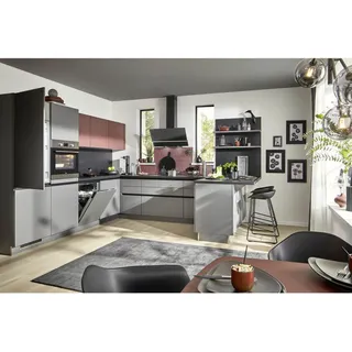 Welnova Eckküche Win, Anthrazit, Rot, Holzwerkstoff, U-Form, nur wie online abgebildet bestellbar, 340x305 cm, Made in Germany, seitenverkehrt erhältlich, Küchen, Eckküchen, Eckküchen ohne Geräte