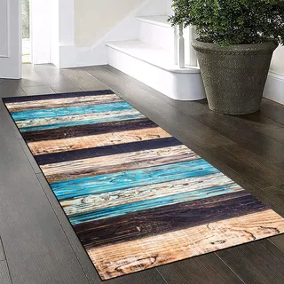 Yinghesheng Teppich Läufer 70x300cm Bunter Holzmaserung Patchwork Küchenteppich, Läufer, Teppichläufer Flur Vintage, Küchenteppich Waschbar rutschfest, Fußmatte Lang, Flur Teppich - rutschfest