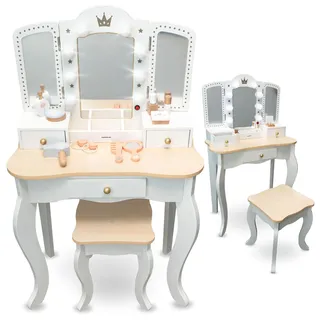 mamabrum XXL Kinder Schminktisch aus Holz mit Hocker & LED-Spiegel – Frisiertisch ab 3 Jahren mit Schublade & Beauty Zubehör – Kreatives Spielset & Schreibtisch für Mädchen