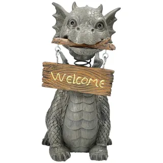 Figuren Shop GmbH Gartenfigur Gartenfigur Drache - Wackelkopf Welcome - Garten Figur Willkommen Deko grau