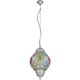 Esszimmerlampe Pendellampe Deckenleuchte Hängelampe Küchenlampe Kristalle, Metall silber Acrylkristalle bunt, 1x E27, DxH 27x120 cm