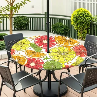 Odot Elastische Tischdecke Runde Outdoor mit Loch und Reißverschluss, Wasserdicht Abwaschbar Tischtuch Sommer Wetterfest Gartentischdecke für Sonnenschirm (Obst,M:91-112cm)