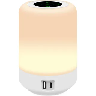 salipt Nachttischlampe mit Ladefunktion, Touch Dimmbar Tischlampe | 4-Port USB-A & USB-C Anschlüsse, Nachtlicht mit 8 Farben und 3 Modi, für Schlafzimmer, Wohnzimmer, Weiß