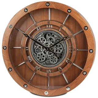 formano Wanduhr Wanduhr 60cm mit drehenden Zahnrädern Braun Industrial Stil Holz (Sichtbar bewegliche Zahnräder) bunt