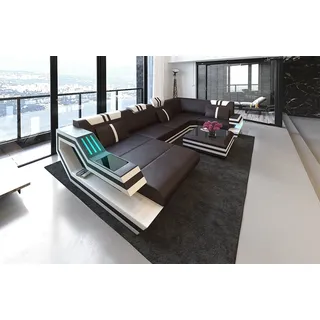 Sofa Dreams Wohnlandschaft Leder Sofa Ledercouch Ravenna U Form Ledersofa, Couch, mit LED, wahlweise mit Bettfunktion als Schlaffunktion braun
