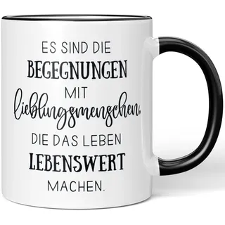 JUNIWORDS Tasse, Es sind die Begegnungen mit Lieblingsmenschen, die das Leben lebenswert Machen, Schwarz (1008173)