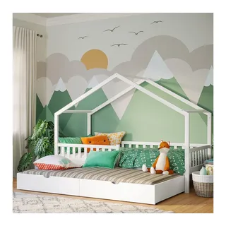 Bellabino Hausbett Vils 90x200 cm mit Rausfallschutz & Lattenrost (inkl. Gästebett, optional mit Matratze), Kinderbett auch verfügbar mit Schublade/offenem Stauraum weiß