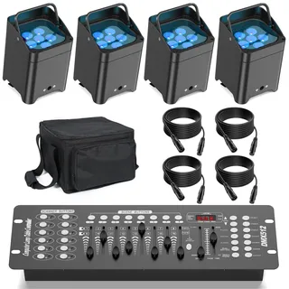PUZILOZA 4er 108W Akku LED Par mit Tasche, DMX-Kabel, Fernbedienung und Konsole, RGBWA+UV wiederaufladbarer Outdoor-Partylicht DMX/APP Bühnenlicht Disco-Licht für DJ Bar KTV Hochzeit