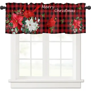 Surwin Bistrogardine Coffee Break Scheibengardine Küchengardine mit Rote Weihnachten Motiven, Kurzgardine Wohnzimmer Landhaus Càfe Gardinen Moderne Kurz Vorhang (137x45cm,roter Vogel)