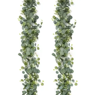 2 Stück Eukalyptus Girlande, 1.8m Eukalyptus Deko mit Weiße Blume, Künstliche Hängepflanzen, Künstliche Girlande Pflanze, Hängend Grüne Blätter Deko für Tischdeko, Wedding Decoration (Grau Grün)