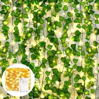 AIOR 12 Stück Efeu Künstlich Girlande Künstliche Pflanzen mit 100 LED-Licht, 200cm Hängend Fake Efeugirlande für Garten Hochzeit Balkonp Party Wanddekoration Aesthetic Room Decor
