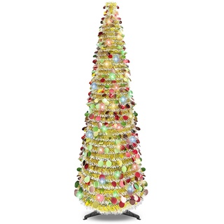 Pop-Up-Weihnachts-Lametta-Baum, zusammenklappbarer künstlicher Weihnachtsbaum, schlanker Bleistiftbaum, Weihnachtsbaum für Zuhause, Kamin, Büro, Party, Innen- und Außenbereich, 1,5 m, goldfarben