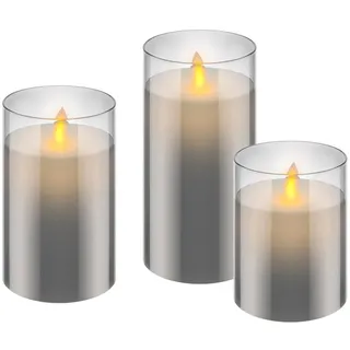 goobay 57865 3er-Set LED Echtwachskerzen im Glas (grau) mit Timerfunktion, warmweißer Kerzenschein, bewegliche Flamme, 10, 12,5 & 15cm hohe Kerzen Transparent, Klar
