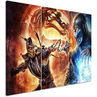 Leinwandbild 3 teilig Mortal_Kombat_Fight_3x90x40cm (Gesamt 120x90cm) _Ausführung schöner Kunstdruck auf echter Leinwand als Wandbild auf Keilrahmen