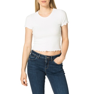 ONLY Damen Geripptes Cropped T-Shirt | Kurzes Short Sleeve Rundhals Top | Bauchfrei Gewellt ONLEMMA, Farben:Weiß, Größe:L