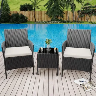 Garvee Rattan Gartenmöbel Set, Balkonmöbel Set mit Wetterfeste Gartentisch und 2 Stühlen, Balkon Sessel Set Lounge Gartenmöbel Garten Sitzgruppe Gartengarnitur Patio Furniture 3 Teiliges (schwarz)