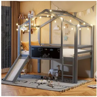 REDOM Kinderbett Massivholz-Hochbett im Spielhaus-Stil, mit Rutsche & Leiter (Holzbett, Kreativ-Tafel, 90×200 cm), ohne Matratze grau