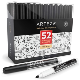 ARTEZA Whiteboard Marker mit feiner Spitze, 52 Whiteboard Stifte in Schwarz, trocken abwischbare Boardmarker für Zuhause, Büro oder Schule, 1 Stück (52er Pack)