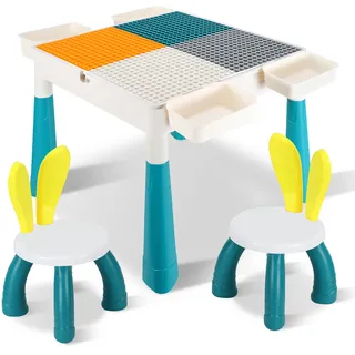 Jiubiaz Kindertisch,set Mit 251 Stück Bausteine 2 Stühle,bausteine Multifunktionaler Aktivitätstisch Set Für Kinder Baustein Tisch Stuhl Set,5151cm