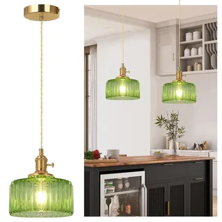 SERBASIC Pendelleuchte Esstisch Glas,Grün Hängelampe Gestreift, Esstischlampe Hängend Vintage Höhenverstellbar Für Küche Esszimmer Wohnzimmer Korridor