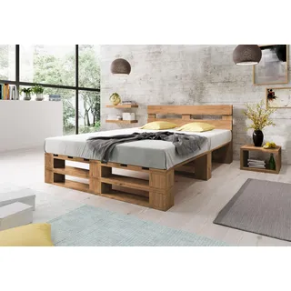 Lermowood Palettenbett M2 aus Holz 180 x 200 cm Eiche mit Kopfteil Holzbett 30cm Stabiles Seniorenbett Kinderbett Jugendbett Gästebett erhöhtes Einzelbett Bettgestell Futonbett Komforthöhe Naturholz