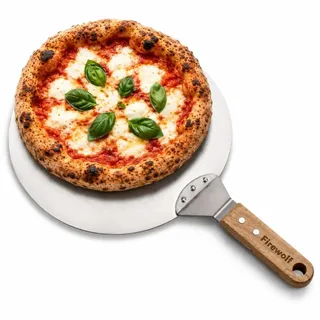 Firewolf® Pizzaschieber Edelstahl mit Holzgriff, Pizzaschaufel, Pizzaheber, Brotschieber, Pizzawender, Pizzaofen Zubehör, Pizza Schieber, Pizza Spachtel, Fläche 25 cm, Griff 20 cm