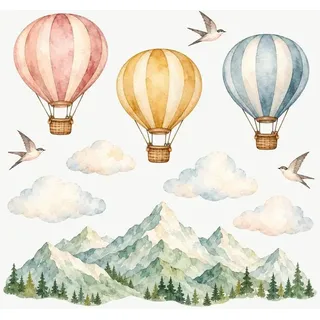 Wandtattoo Kinderzimmer Berge Und Heißluftballons, 11er Set, Berge, Heißluftballons, Wandsticker selbstklebend und ablösbar, 50 x 50 cm - Bunt