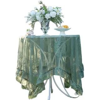 Refttenw Tischdecke Vintage Stickerei Elegante Blume Runde Spitze Tischdecke mit Rüschen grün 140 cm x 140 cm