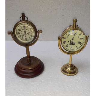 Ganga Nautical Tischuhr, 2 Stück, goldfarben und braun, antiker Stil, massives Messing und Glas, Globus-Farbe, goldfarben, Größe ca. 10,2 cm