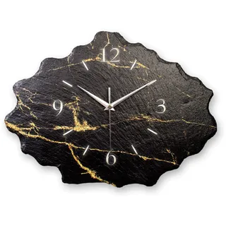 Kreative Feder Designer-Wanduhr aus Stein (Keramik) Größe ca. 40x30cm mit flüsterleisem Uhrwerk (Black & Gold schwarz, leises Funkuhrwerk)