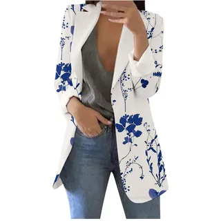 LUNULE Blazer Damen Elegant Casual Drucken Revers Langarm Jacke Arbeit Büro Open Front Cardigan Freizeit Business Sakko Longblazer Sommer Leicht Jacket Dünn Blazerjacke Muster Damenjacke Outwear
