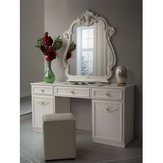 Interdesign24 Schminktisch Aurora (mit passendem Spiegel und Sitzpouf, im klassischen Barock-Stil), in Cremeweiß/Beige