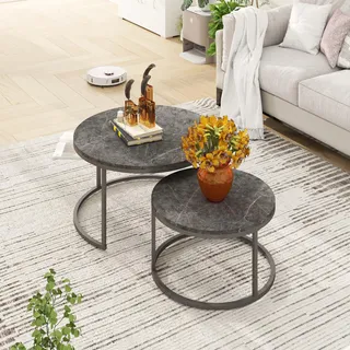 hitsuki Couchtisch Rund 2er Set, Marmor Couchtisch Grau Metallgestell Wohnzimmertisch Grau, Beistelltisch Metall,Satztische fürs Wohnzimmer, Schlafzimmer, Balkon (Schwarz & Schwarz)