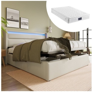 REDOM Polsterbett Doppelbett Bettgestell Stauraumbett mit LED-Beleuchtungsleiste (160x200 Inklusive-Matratze) weiß