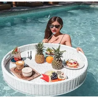 ZHPPED Tray Floating Rattan,Swimming Pool Floating,Oval Tablett Rattan,Rattan Gewebtes Serviertablett Schwimmendes Frühstückstablett Im Außenpool Für Pool Beach Party,60CM-White