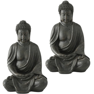 2er Set Buddha Kunstharz Figuren Wohn Zimmer Asia Deko Garten Außen Feng Shui Statue Skulptur braun