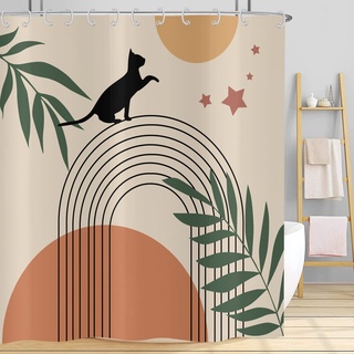 Hnmdmyi Duschvorhang Boho 180x200, Mid Century Abstrakt Schwarz Katze Grün Blatt Bogen Sonne Mond Beige Badewanne Vorhang Modern Minimalistisch Geometrisch Ästhetisch Kunst Badevorhang mit Haken