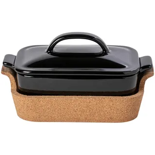 Costa Nova Kasserolle Ensemble, Schwarz Hochglanz, Braun, Keramik, Holz, Kork, rechteckig, 24x12x14 cm, Handmade in Europe, mikrowellengeeignet, Kochen, Töpfe, Stielkasserollen
