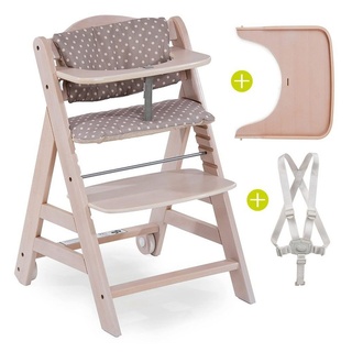Hauck Hochstuhl »Beta Plus - Whitewashed Dots« (2 St), Mitwachsender Holz Treppenhochstuhl mit Essbrett, Schutzbügel, Sitzauflage, Gurt und Rollen