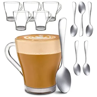 Cosumy Gläser-Set 6 Cappuccino Gläser mit Henkel und Löffel - 250ml - Hält lange warm, 12-tlg., Glas, Cappuccino Gläser Set mit Henkel und Löffel - 250 ml - Hält lange warm weiß