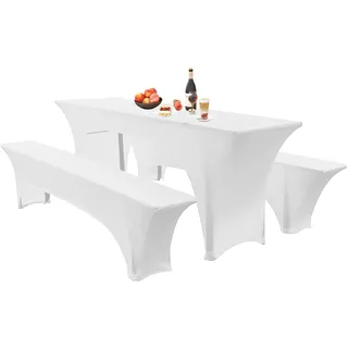 Elastische Hussen Für Bierzeltgarnitur Biertischhussen Bierbank-Auflage & Tischdecke 50 cm Oder 70 cm Tischbreite, 3 TLG Set Stretch Hussen Für Festzeltgarnituren Bierbank (70cm,White)