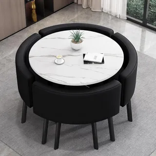 VTELGT Esstisch mit 4 Stühlen Esszimmergruppe - 4er Set Esszimmerstühle und 90CM Runder Essgruppe für Wohnzimmer Küche Büro (Weißt + schwarzs)
