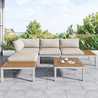 Garten-Loungesessel-Set: 2 Zweisitzer, 2 Beistelltische, 1 Tisch – Gestell aus verzinktem Stahl, Akazienholzplatten, Stoff-Rückenlehnen, Beige - Beige