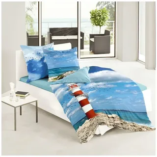 Traumschlaf Leuchtturm Mako-Satin Blau 200 x 200 cm + 2 x 80 x 80 cm